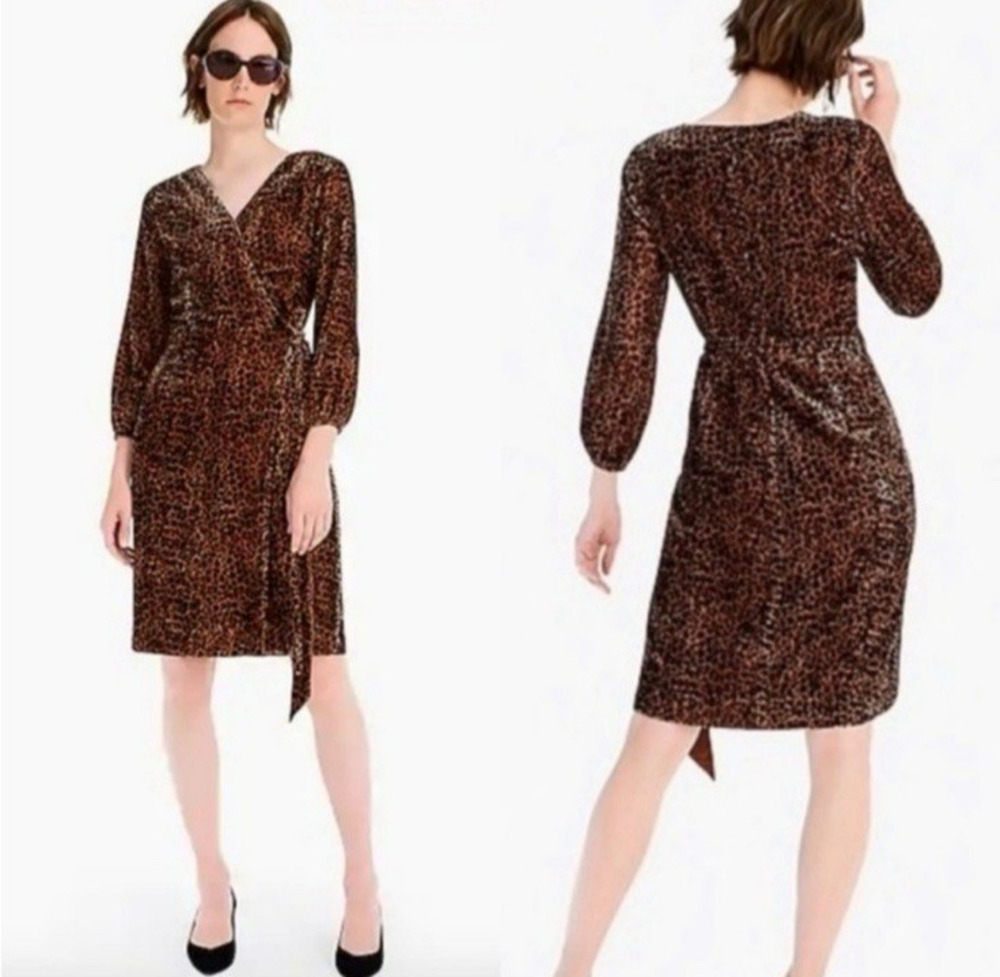 NWT J Crew Animal Print Velvet True Wrap Dress Size 0 V Neck Leopard Print